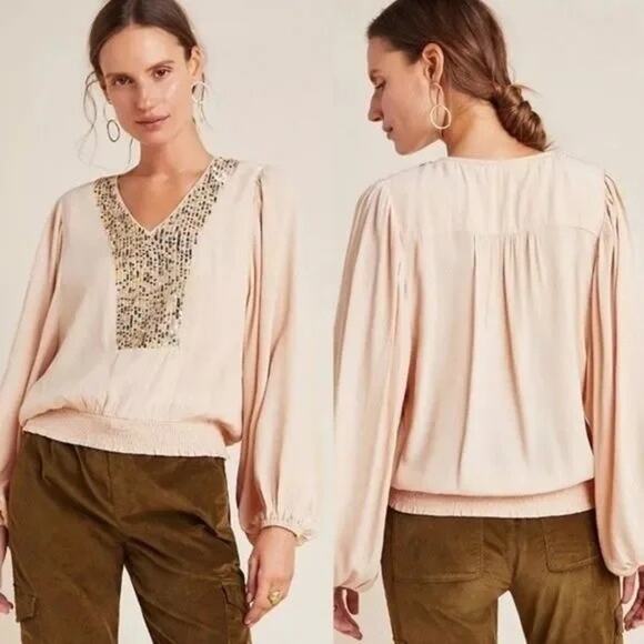 Anthropologie Maeve Kristie Sequined Peasant Blouse Medium - Picture 1 of 7